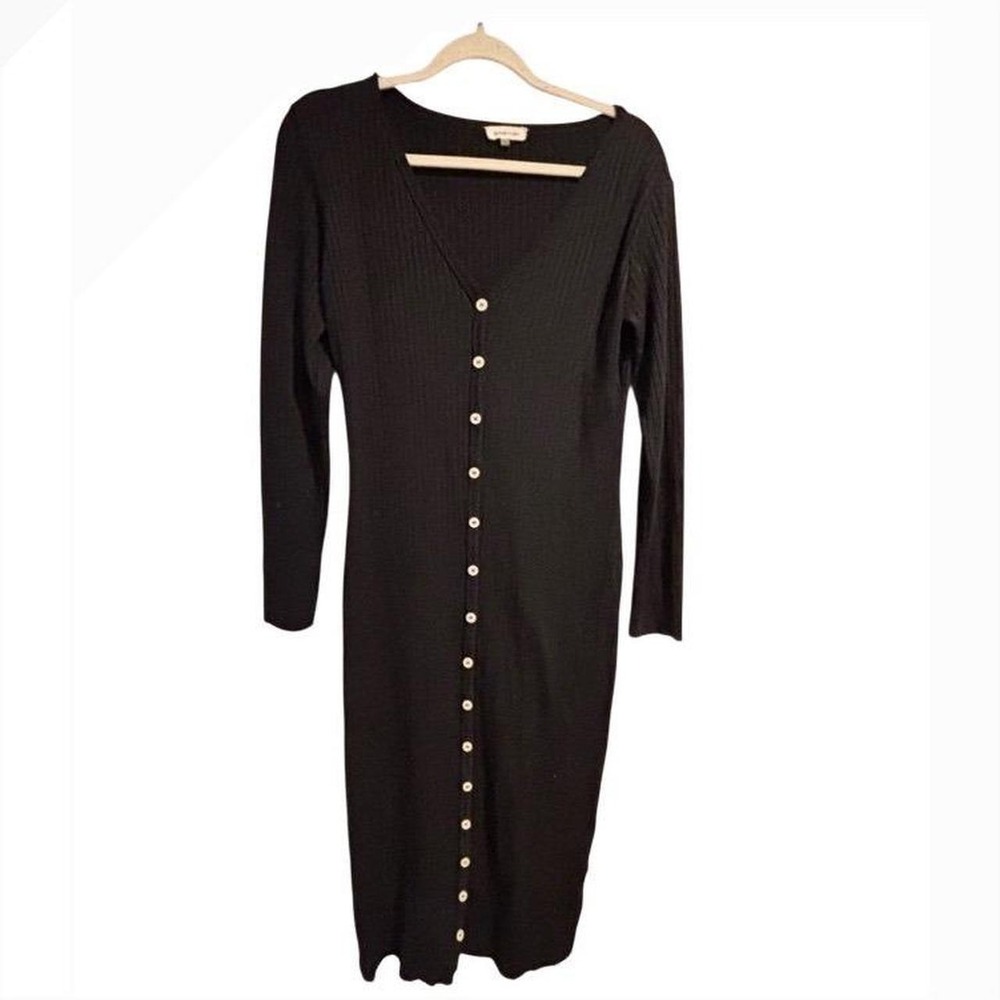 Sugar lips stylish black ribbed bodycon button down dress long sleeve